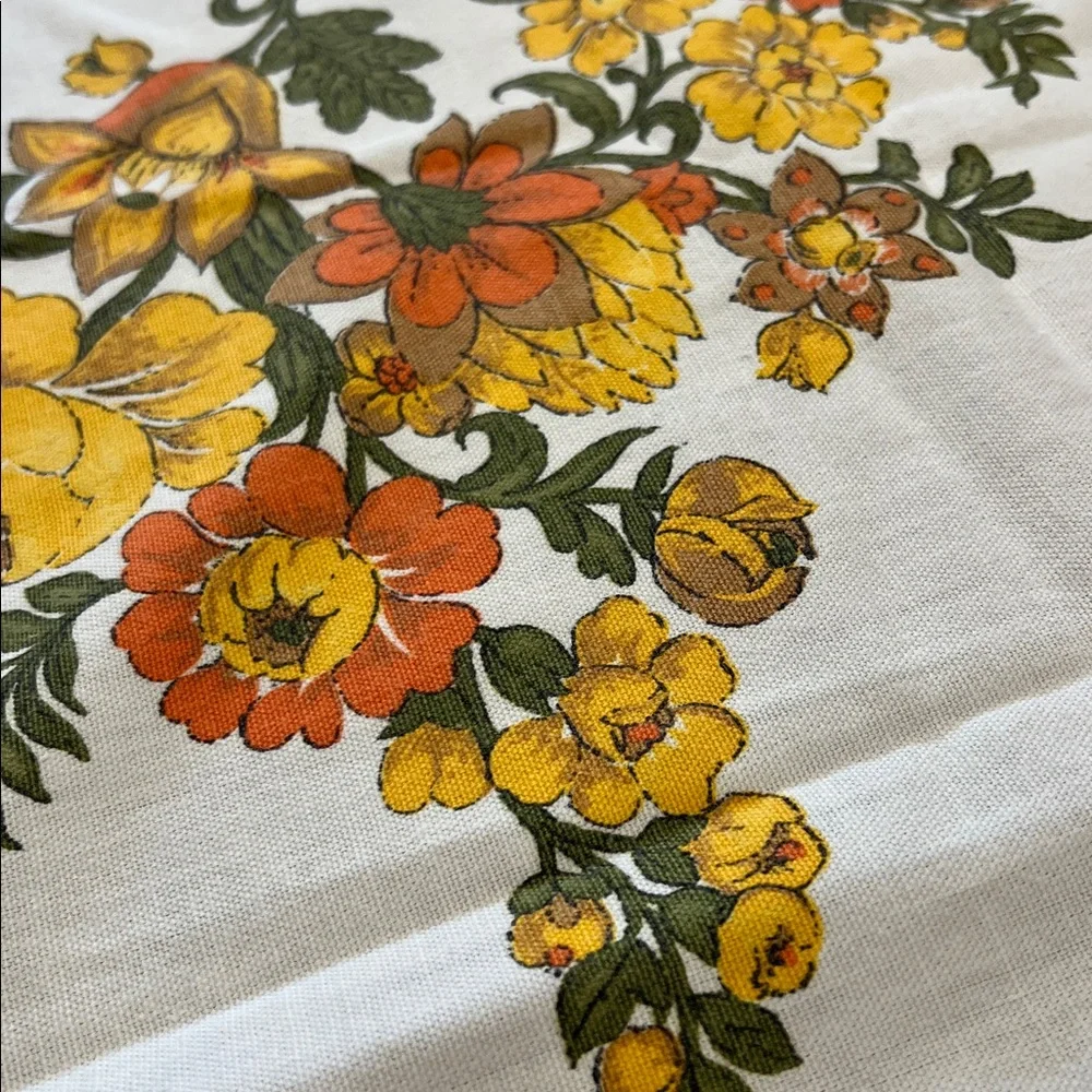 Vintage floral 52”X 48” squareish tablecloth yellow & oranges cotton Handmade